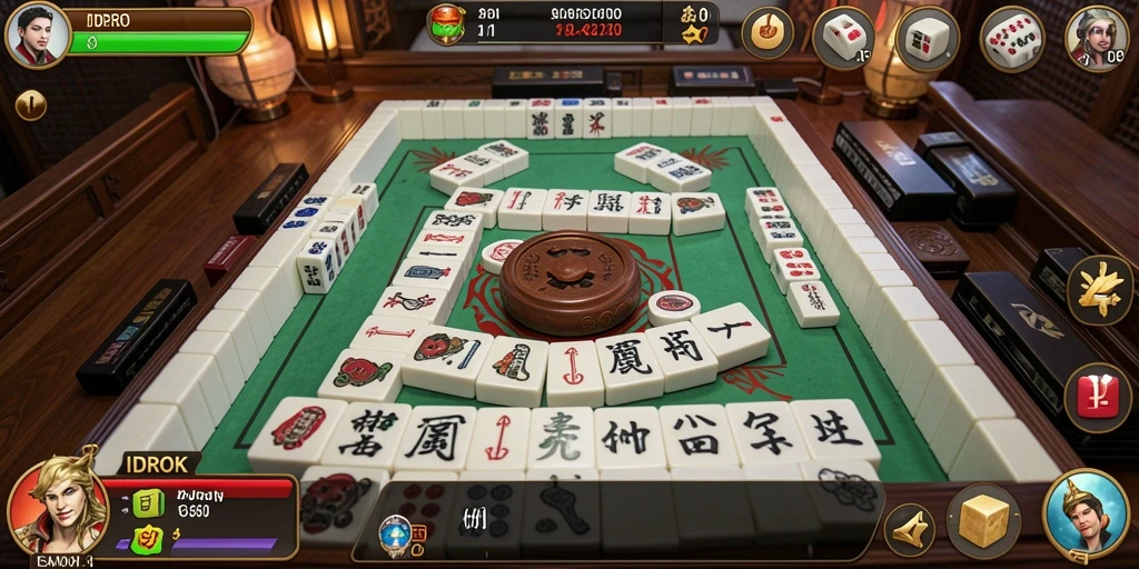 Tampilan gameplay seru dari <strong>IDROK</strong>, menunjukkan pemain menyusun ubin Mahjong.